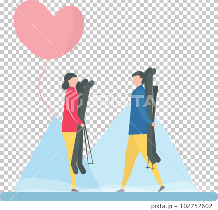 Couple of love play ski in winter season. Character design of people. Illustration in flat style. 102752602
