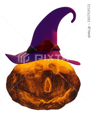 3d halloween pumpkin holiday party with Scared Jack O Lantern and candle light in pumpkin, purple witch pointed hat, minimal for happy halloween, 3d render illustration 102753512