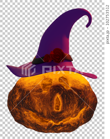 3d halloween pumpkin holiday party with Scared Jack O Lantern and candle light in pumpkin, purple witch pointed hat, minimal for happy halloween, 3d render illustration 102753512