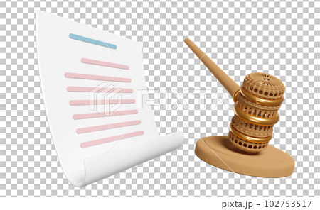 3d judge arbitrate gavel, hammer auction with stand, paper auction contract isolated. law, justice system symbol concept, 3d render illustration 102753517