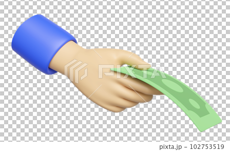 3D cartoon hands holding banknote pay for goods icon isolated. spend money, contributing, settle concept, 3d render illustration 102753519
