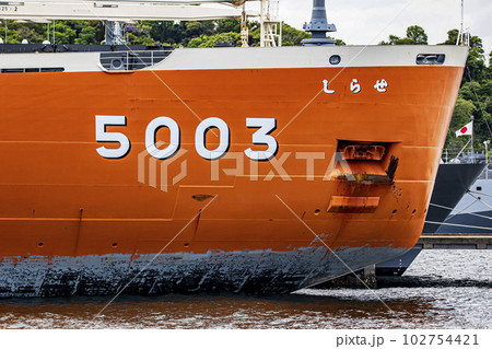 南極観測航海を終え海上自衛隊横須賀基地に帰港した砕氷船しらせの砕氷で傷ついた吃水線 102754421