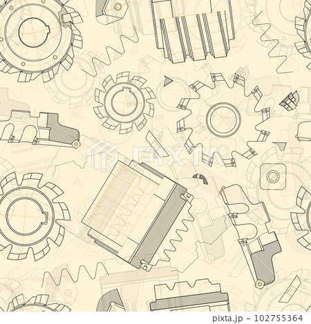 Mechanical engineering drawings on light background. Cutting tools, milling cutter. Technical Design. Cover. Blueprint. Seamless pattern. Vector illustration. Mechanical engineering drawings on light background. Cutting tools, milling cutter. Technical Design. Cover. Blueprint. Seamless pattern. Vector illustration. 102755364