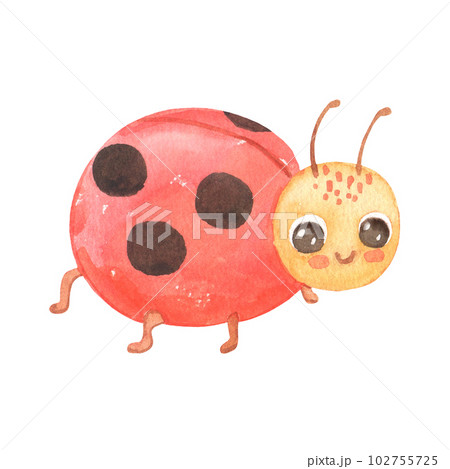 Cute smiling ladybug isolated on white. Funny insect for children. Watercolor cartoon illustration 102755725
