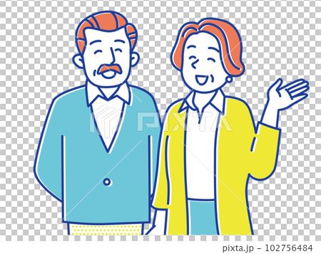 笑顔でこちらを見て手を挙げるシニア夫婦 102756484