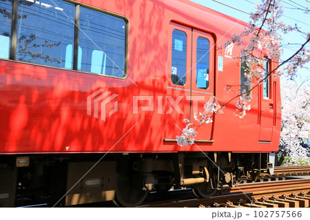 桜が咲く橋りょうを走り抜ける名鉄・各務原線列車 102757566