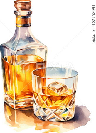 ウィスキーのボトルとグラス　水彩イラスト　AI画像 102758091