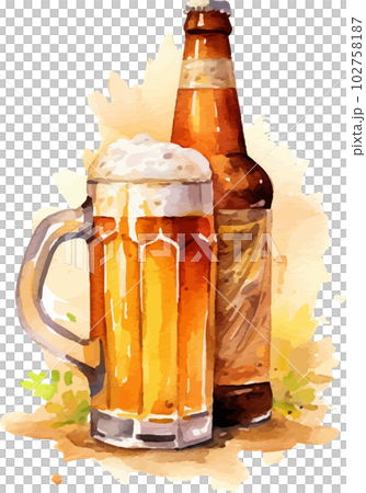Beer bottle and mug watercolor illustration AI image 102758187