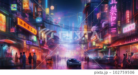 サイバーパンクの街並み風景,背景イメージ,Generative AI AI画像 102759506