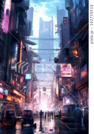 サイバーパンクの街並み風景,背景イメージ,Generative AI AI画像 102759518