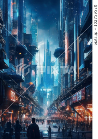 サイバーパンクの街並み風景,背景イメージ,Generative AI AI画像 102759520