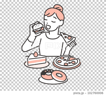 たくさん食べる女性のベクターイラスト素材／ダイエット／過食 102760006