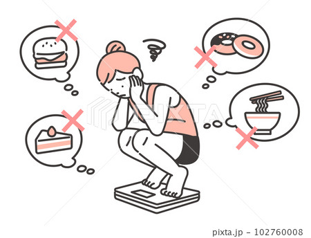 体重計に乗って悩む女性のベクターイラスト素材／ダイエット／増量 102760008