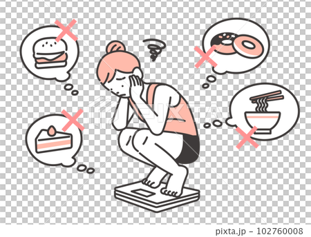 体重計に乗って悩む女性のベクターイラスト素材／ダイエット／増量 102760008