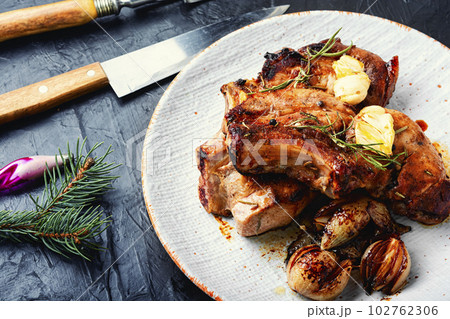 Grilled meat steak for christmas, BBQ. 102762306