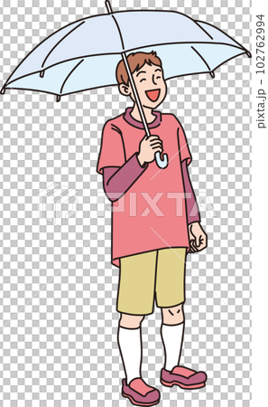 傘をさした笑顔の男の子_カラー_全半身 102762994