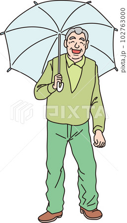 傘をさした笑顔の高齢男性_おじいちゃん_カラー_全身 102763000