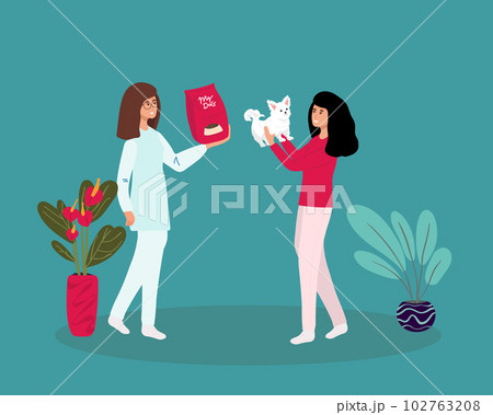 Profession veterinarian. Woman vet holds a dog on an isolated background. Vector illustration in a flat style, 102763208