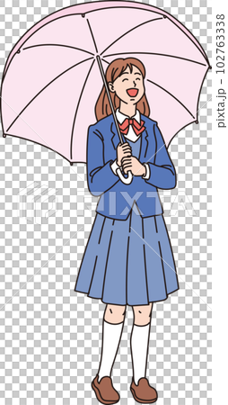 傘をさした笑顔の高校生女子_女子学生_カラー_全身 102763338