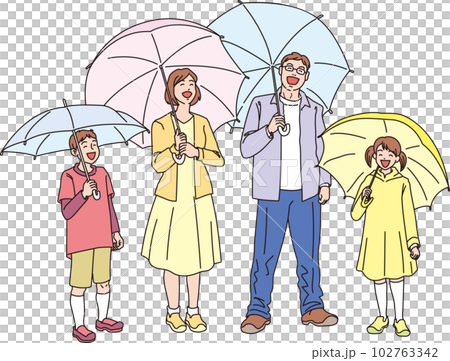 傘をさした人々_家族4人_カラー_全身 傘をさした人々_家族4人_カラー_全身 102763342