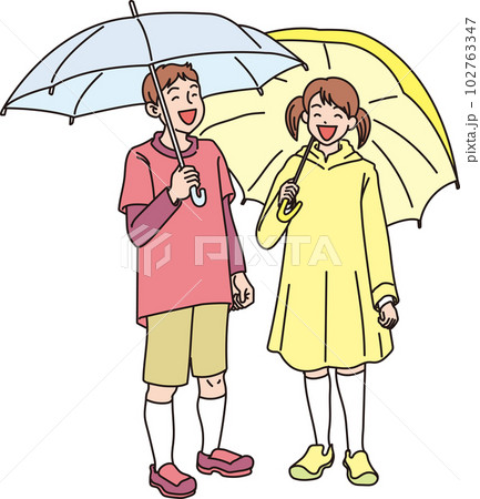 傘をさした人々_男の子と女の子_カラー_全身 傘をさした人々_男の子と女の子_カラー_全身 102763347