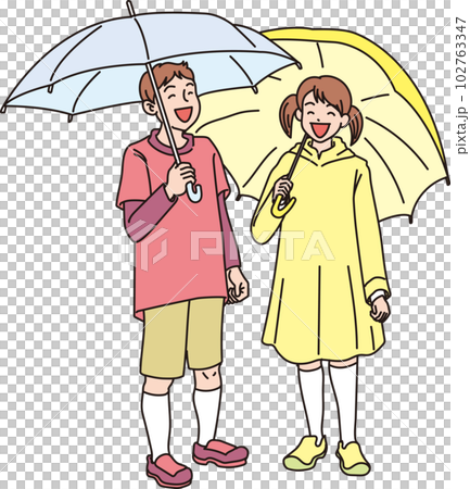 傘をさした人々_男の子と女の子_カラー_全身 102763347