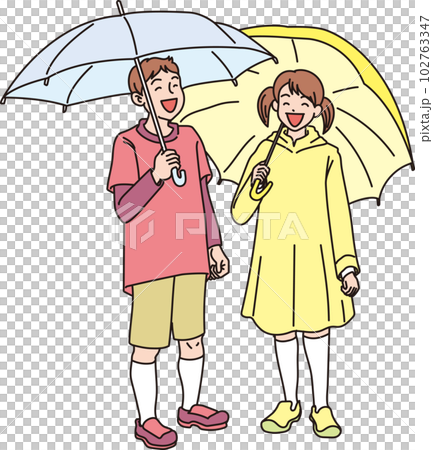 傘をさした人々_男の子と女の子_カラー_全身 傘をさした人々_男の子と女の子_カラー_全身 102763347