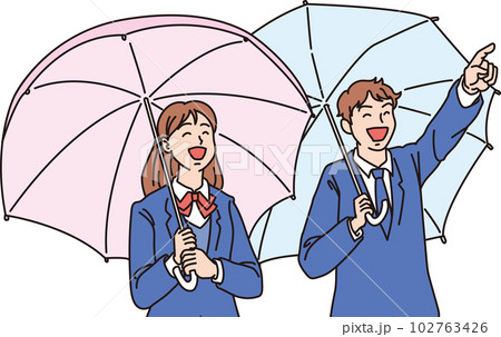 傘をさした高校生男女_カラー_上半身 102763426