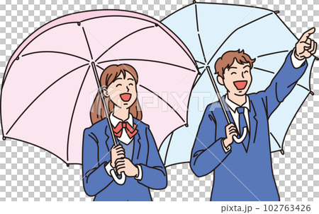 傘をさした高校生男女_カラー_上半身 102763426