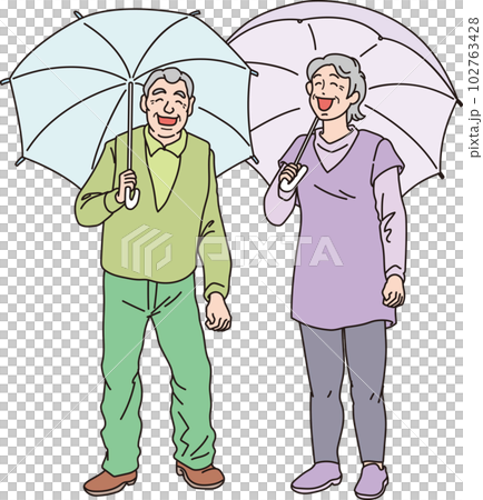 Grandpa and grandma holding an umbrella _ color _ whole body Grandpa and grandma holding an umbrella _ color _ whole body 102763428