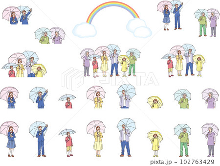 セット_傘をさした人々_カラーセット 102763429