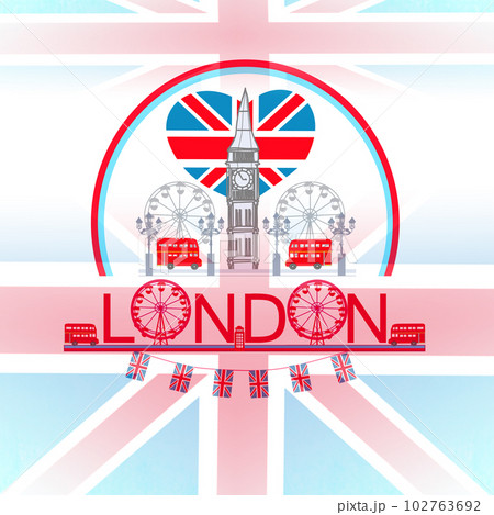decorative card with flag and icons of London 102763692