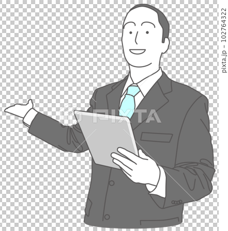 A man in a suit holding a tablet and explaining A man in a suit holding a tablet and explaining 102764322