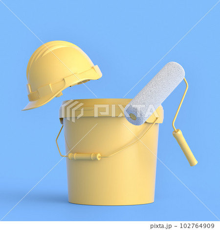 Set of safety helmet, bucket with paint rollers and brushes on monochrome. Set of safety helmet, bucket with paint rollers and brushes on monochrome. 102764909