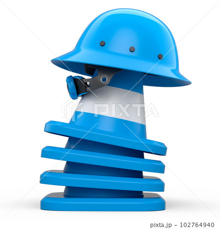Stack of safety helmets or hard hats and traffic cones on white background Stack of safety helmets or hard hats and traffic cones on white background 102764940