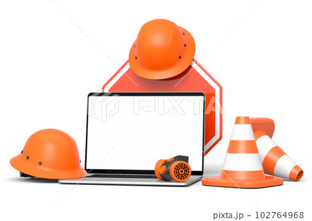 Set of safety helmets or hard hats and traffic cones, road sign on white 102764968