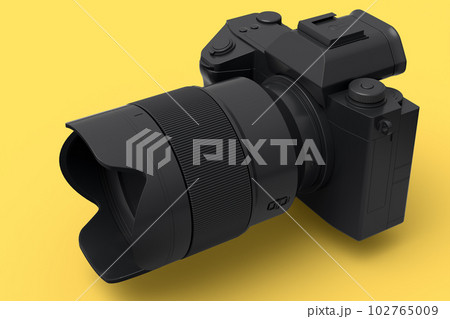 Concept of nonexistent silver DSLR camera with macro lens on yellow monochrome 102765009