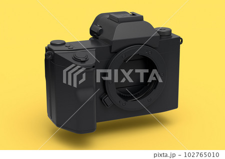 Concept of nonexistent gold DSLR camera isolated on yellow monochrome background 102765010