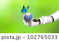 Earth Globe, blue butterfly and robot hand. Biodiversity concept. 102765033