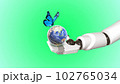Earth Globe, blue butterfly and robot hand. Biodiversity concept. 102765034
