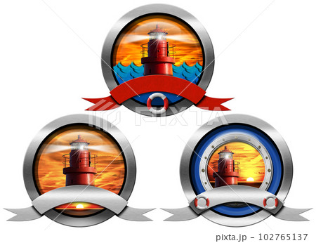 Three Metal Symbols or Icons with a Red Lighthouse and Copy Space 102765137