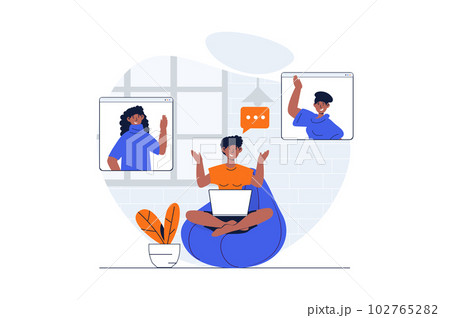 Video conference web concept with character scene. Women colleagues talking and working remotely at screens. People situation in flat design. Vector illustration for social media marketing material. Video conference web concept with character scene. Women colleagues talking and working remotely at screens. People situation in flat design. Vector illustration for social media marketing material. 102765282