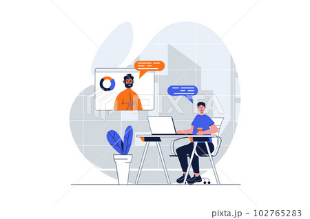 Video conference web concept with character scene. Men talking and working remotely via virtual video chat. People situation in flat design. Vector illustration for social media marketing material. 102765283