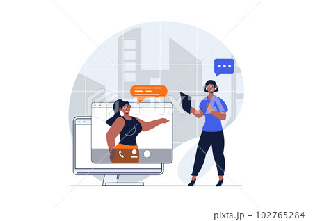 Video conference web concept with character scene. Women talking and discussing tasks via virtual video chat. People situation in flat design. Vector illustration for social media marketing material. Video conference web concept with character scene. Women talking and discussing tasks via virtual video chat. People situation in flat design. Vector illustration for social media marketing material. 102765284