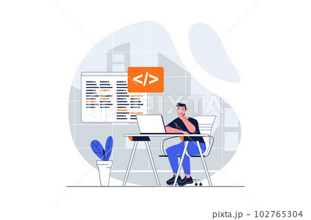 UI UX development web concept with character scene. Man creating code and working with testing prototype. People situation in flat design. Vector illustration for social media marketing material. 102765304