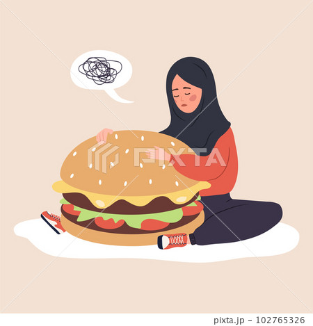 Eating disorder. Sad arabian woman hugging huge hamburger and worries about being overweight. Overeating, bulimia, anorexia. Food addiction concept. Vector illustration in flat cartoon style 102765326