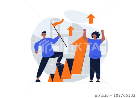 Teamwork web concept with character scene. Men working together, developing project and growing incomes. People situation in flat design. Vector illustration for social media marketing material. 102765332
