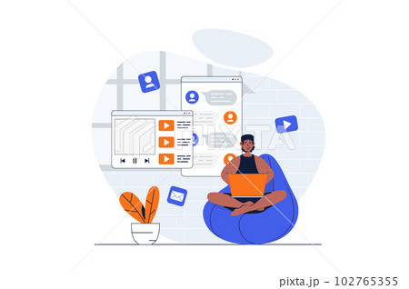 Social network web concept with character scene. Man watching video content, sharing and chatting friends. People situation in flat design. Vector illustration for social media marketing material. Social network web concept with character scene. Man watching video content, sharing and chatting friends. People situation in flat design. Vector illustration for social media marketing material. 102765355