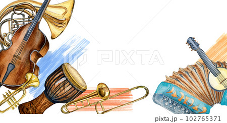 Board of variouse musical instruments and symbol watercolor illustration isolated. 102765371