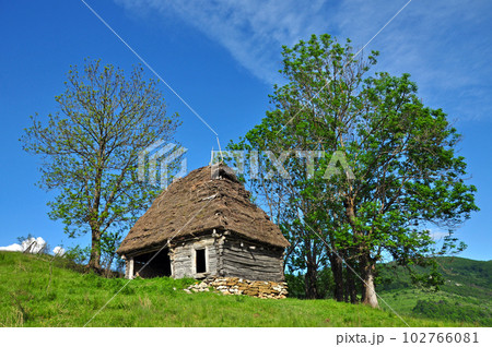 Wooden stable with thatched roof Wooden stable with thatched roof 102766081